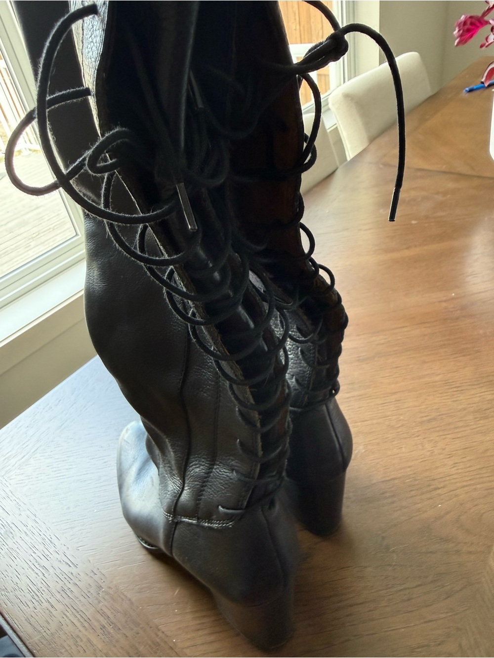 Tall Lace-Back Leather Boots Wide Calf